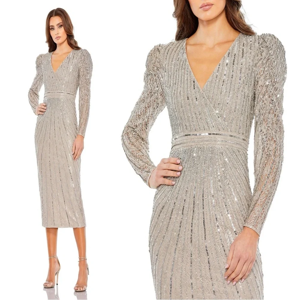 Mac Duggal Silver Sequin Midi Dress - Picture 1 of 2